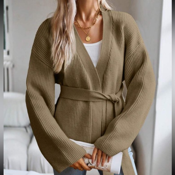 tan Belted knit sweater tie belt wrap cardigan- oversized fit - Picture 3 of 7